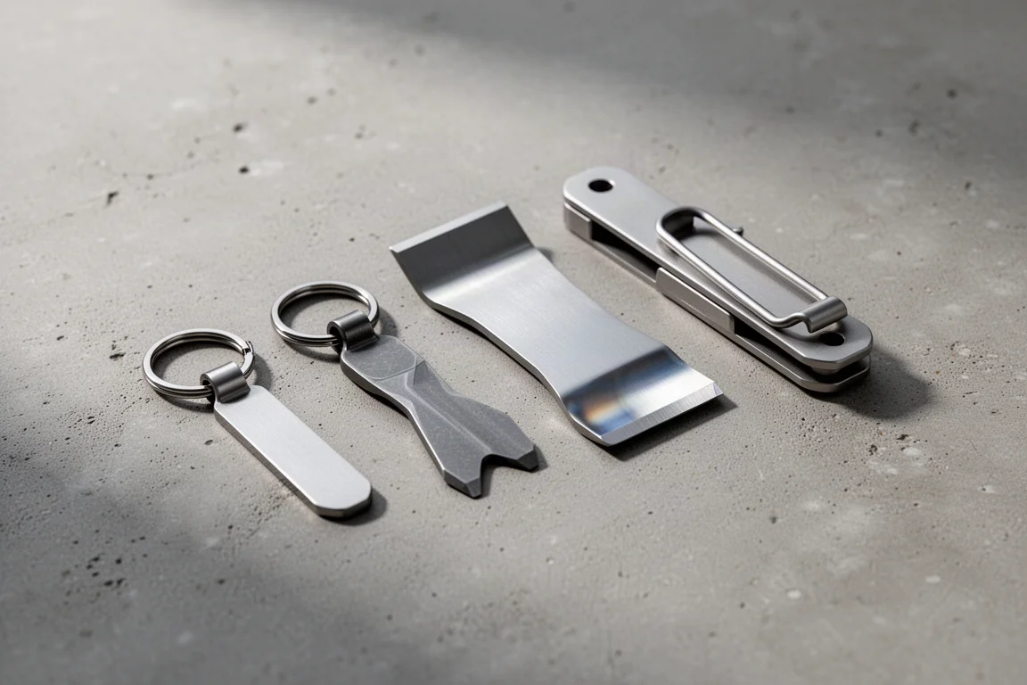 Collection of steel and titanium EDC pry tools arranged on a concrete surface