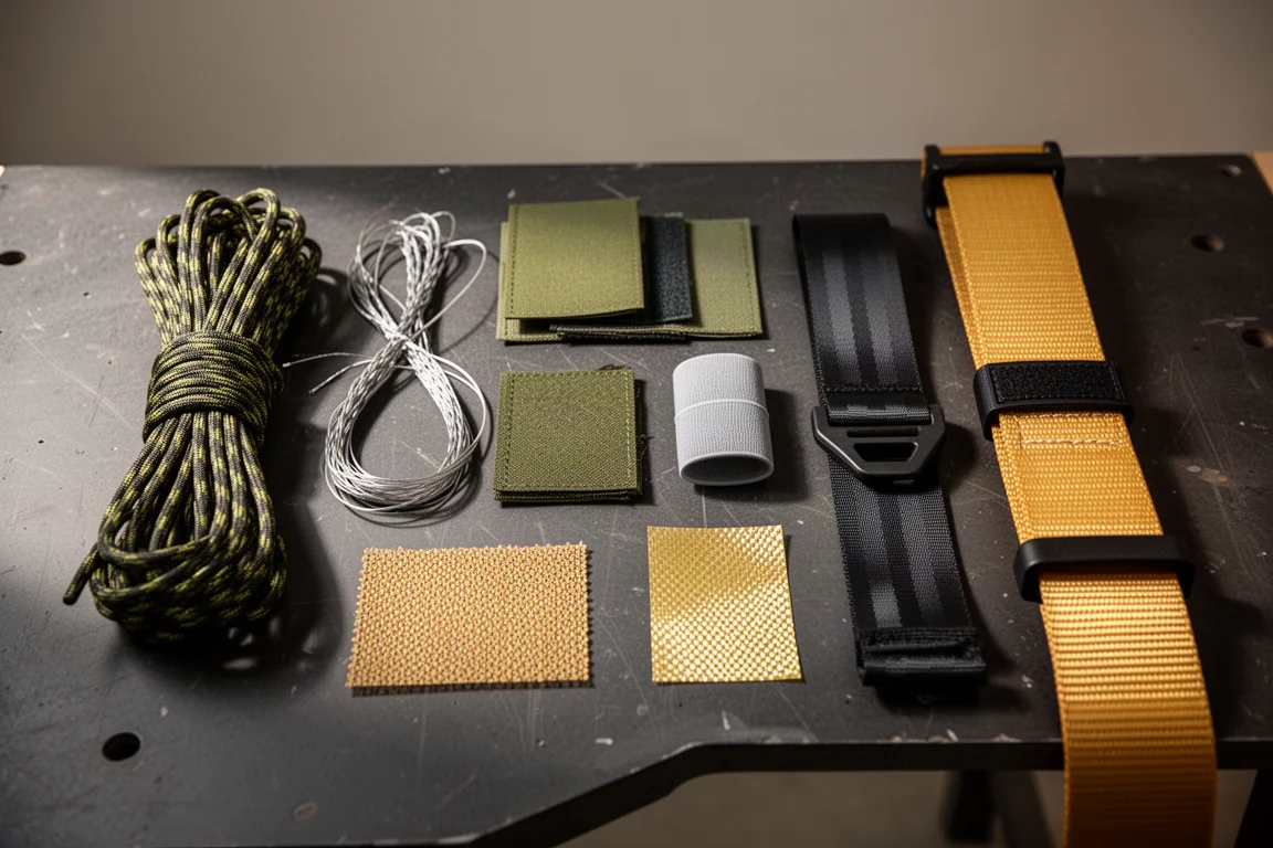 A materials gauntlet of cords, fabrics and webbing laid out on a workbench