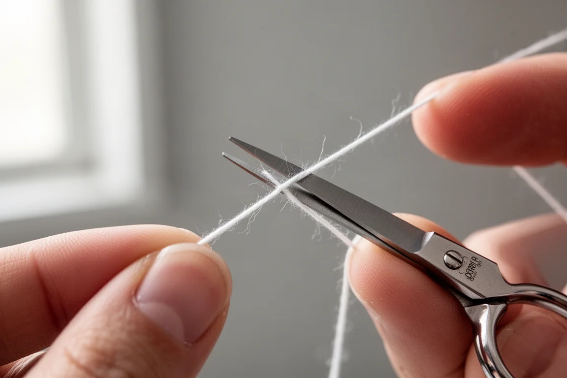Hands cutting a fine thread cleanly with precision scissors tips