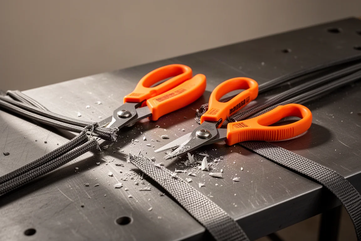 Electrician scissors with orange handles resting beside cut cordage on a workbench