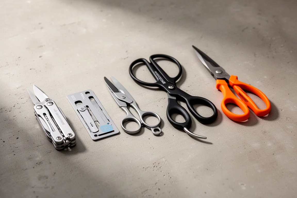 A lineup of compact EDC scissors, multi-tools and medical shears on a concrete surface