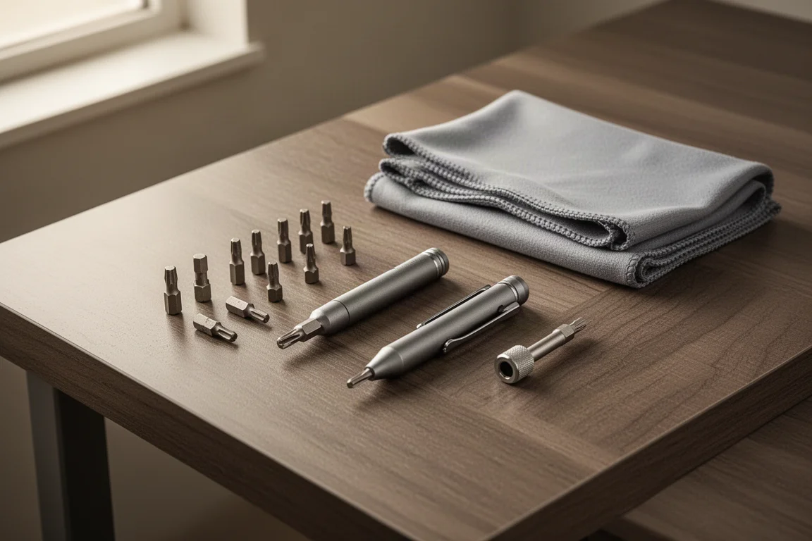 Compacte EDC-schroevendraaiers en bitsets op een houten bureau