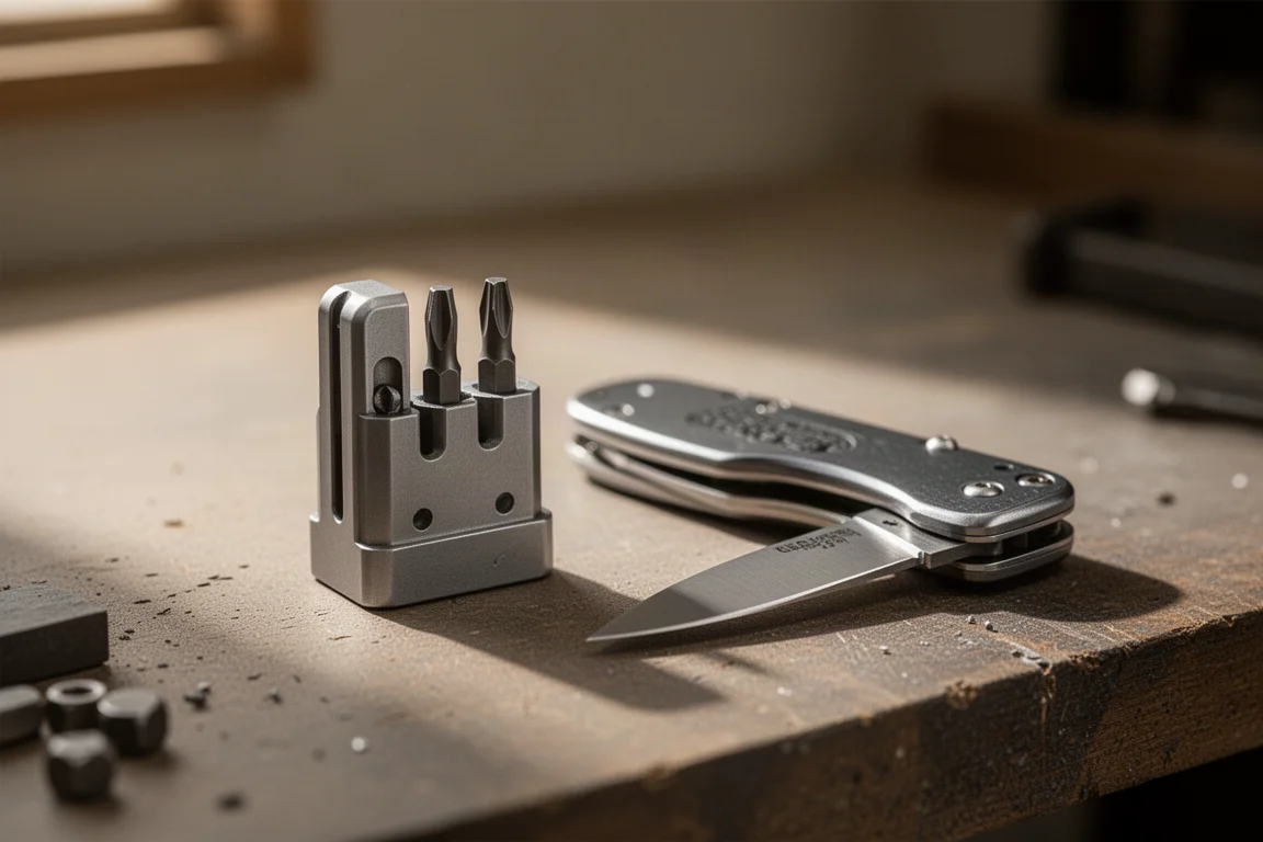 Compact slijpgereedschap met hex bits op een werkbank naast een zakmes
