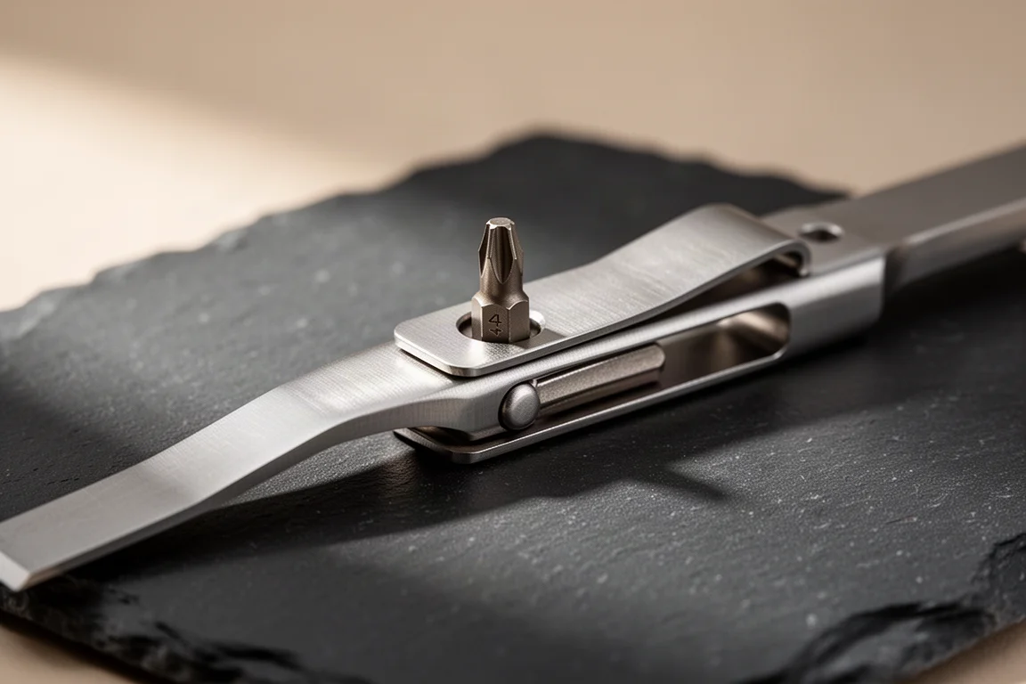 Slanke titanium pry-tool met een bit van vier millimeter in de pocketclip