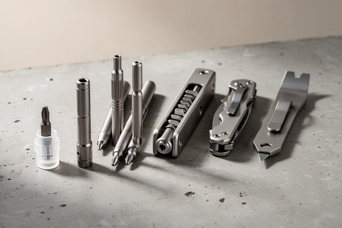 Lineup of compact EDC screwdriver tools on a concrete surface