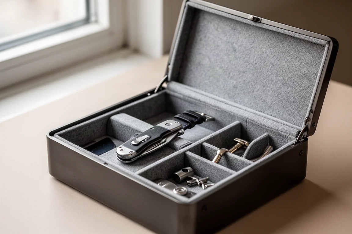 Öppnad tray box med grå flexibla tygdelare som organiserar små EDC-föremål