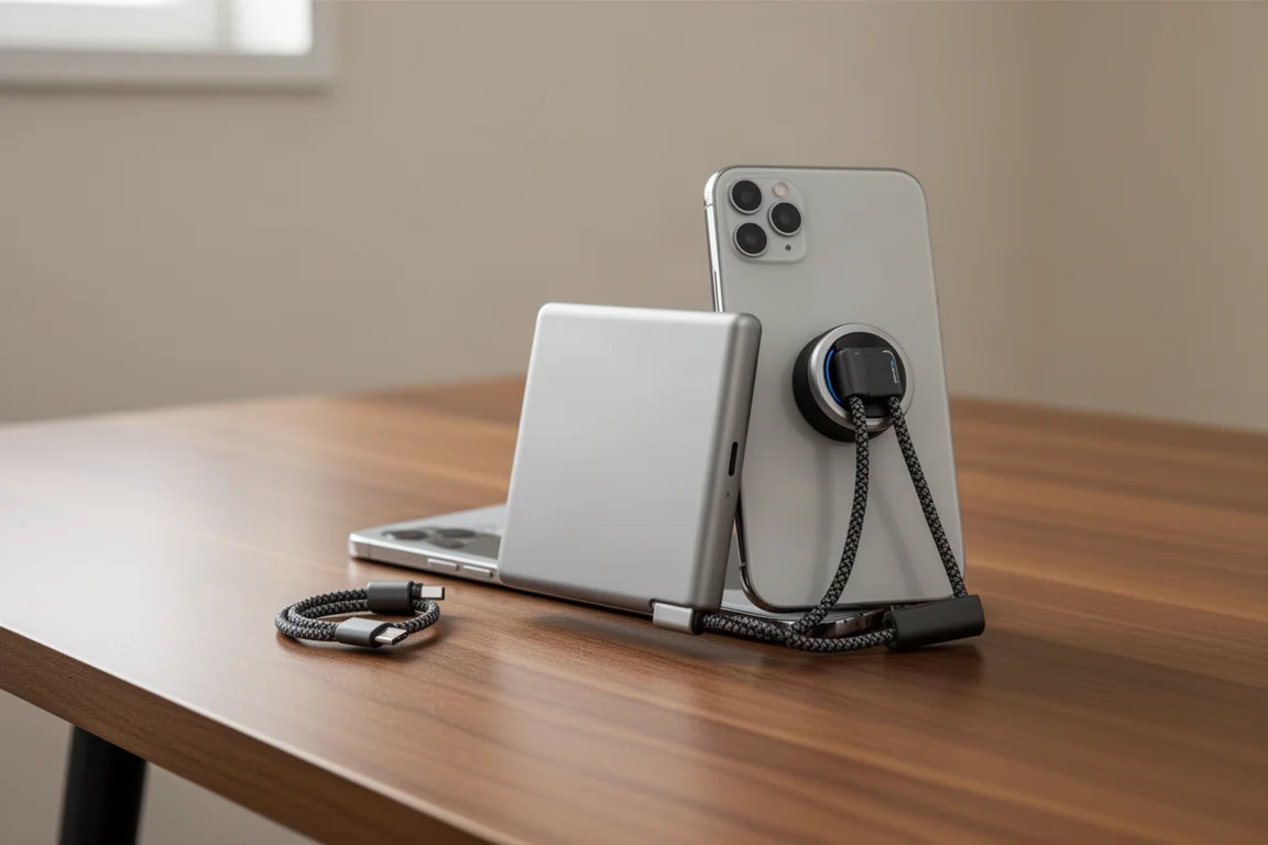 Power bank magnetico sottile agganciato al retro di un telefono su una scrivania