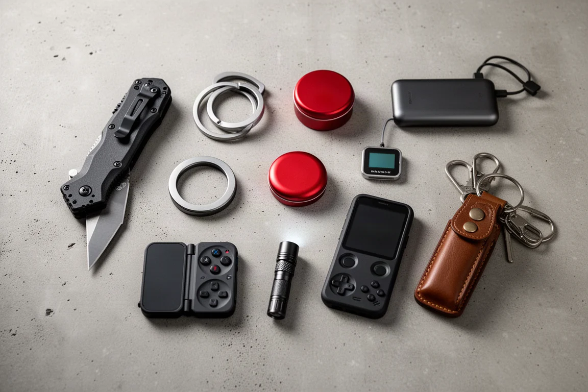 Flat-lay of eight EDC and tech products on a concrete surface
