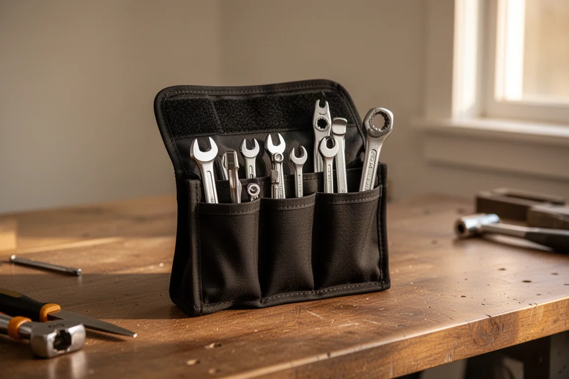 Compact EDC tool pouch packed with small tools on a wooden workbench