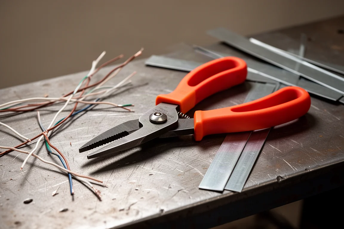 Heavy-duty electrician snips cutting through tough material on a workbench