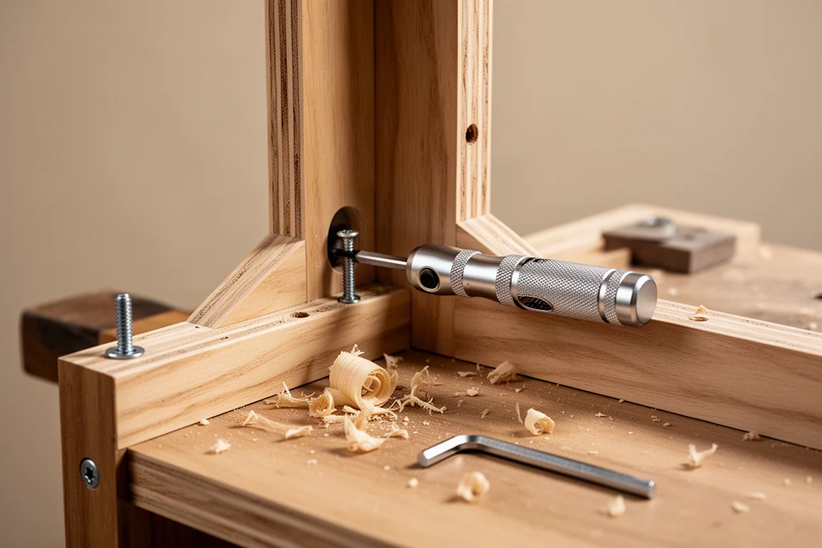 Compact ratcheting bit driver driving a screw into a tight corner of furniture