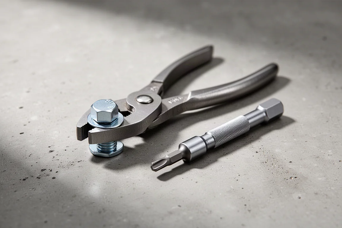 Small adjustable pliers gripping a bolt next to a flat bit driver on a desk