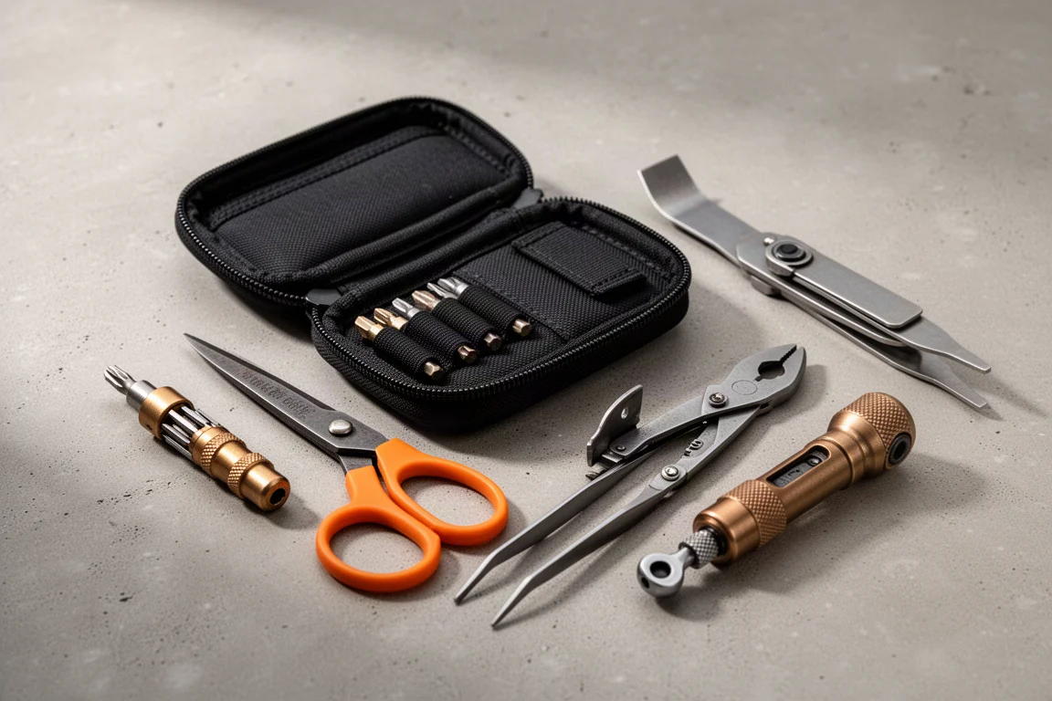 Open EDC tool pouch surrounded by small hand tools on a concrete surface