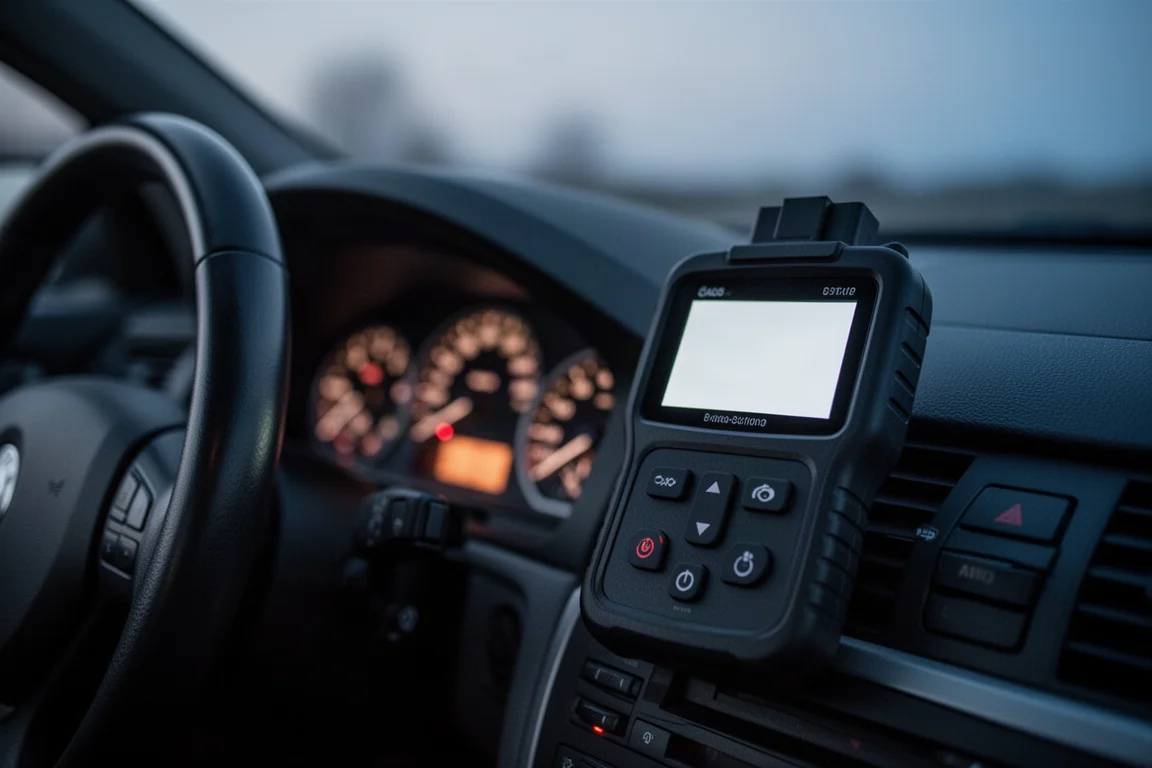 Escáner de diagnóstico portátil conectado al tablero de un automóvil al atardecer
