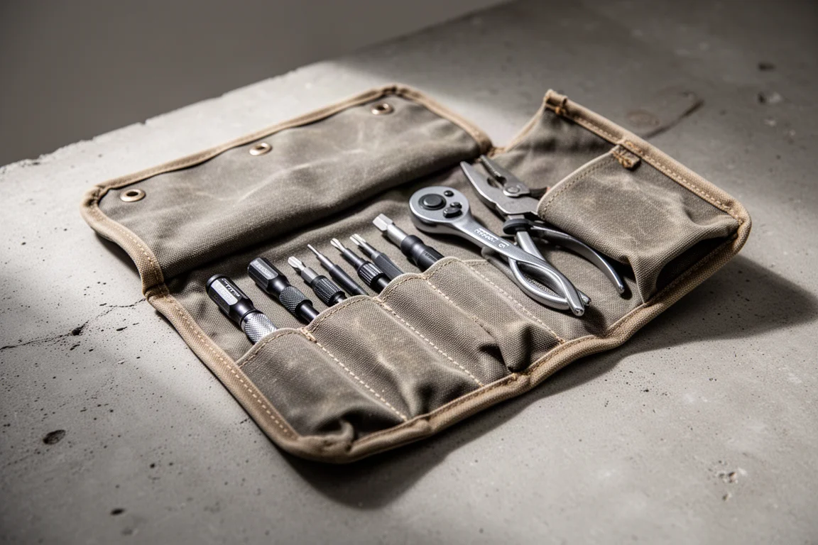 Een uitgerolde canvas tools met compact gereedschap er netjes in geordend