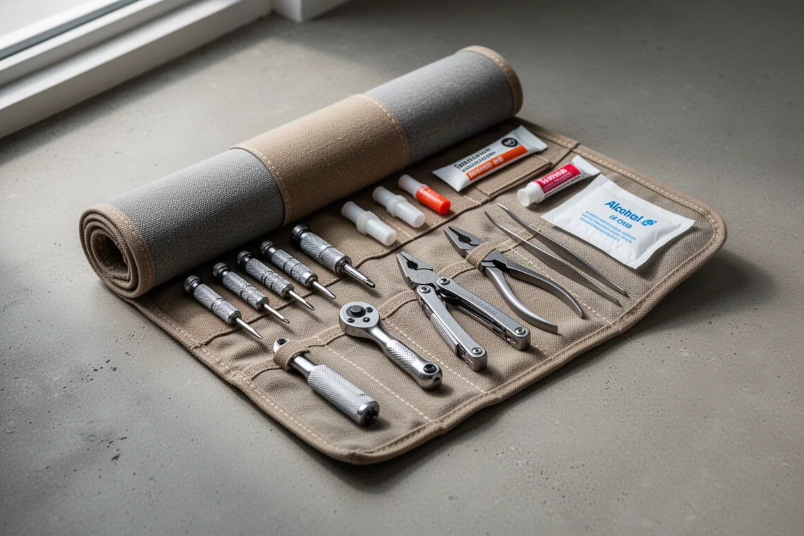 Unrolled canvas tool roll with compact maintenance tools neatly arranged inside