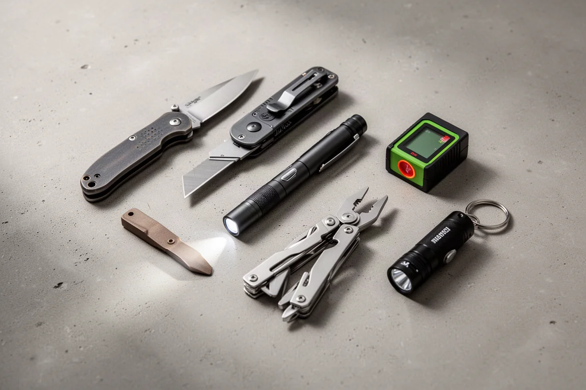 Flat-lay of compact everyday carry tools including knives, flashlights, a laser measure, and a multi-tool