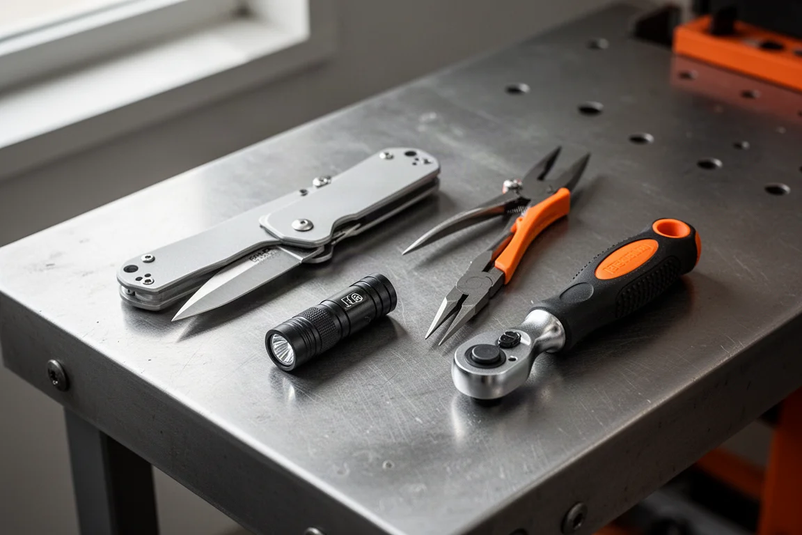 Compact EDC knife, pocket flashlight, pliers, and ratchet arranged on a workbench