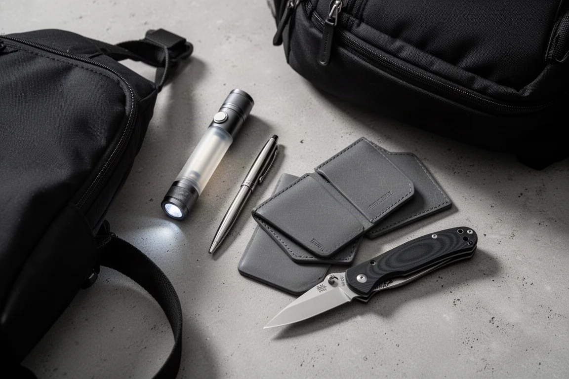 Flat-lay di attrezzatura da everyday carry con torcia, zaino, penna, portafogli e coltellino da tasca