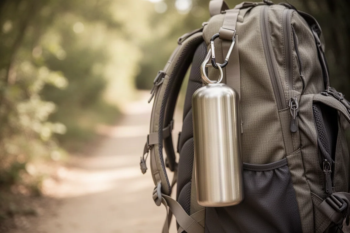 Botella de agua de acero inoxidable aislada sujeta a una mochila durante un paseo al aire libre