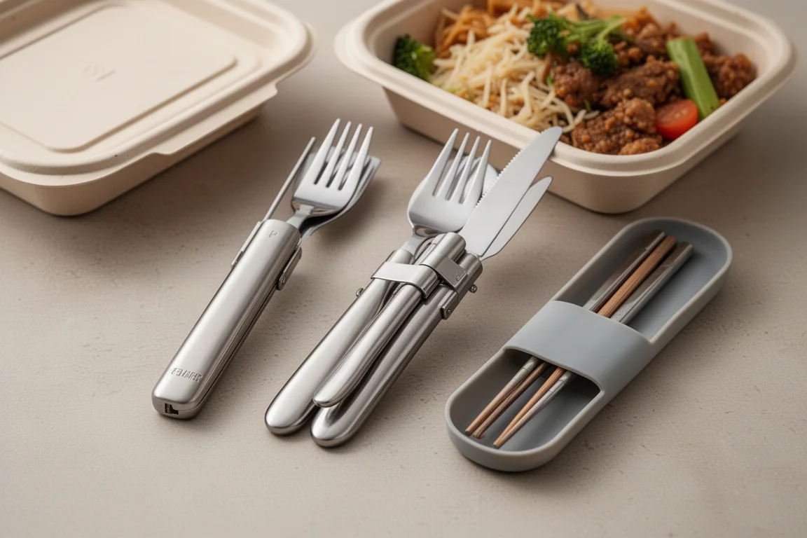 Set de cubiertos portátil de acero inoxidable montados sobre un envase de comida para llevar