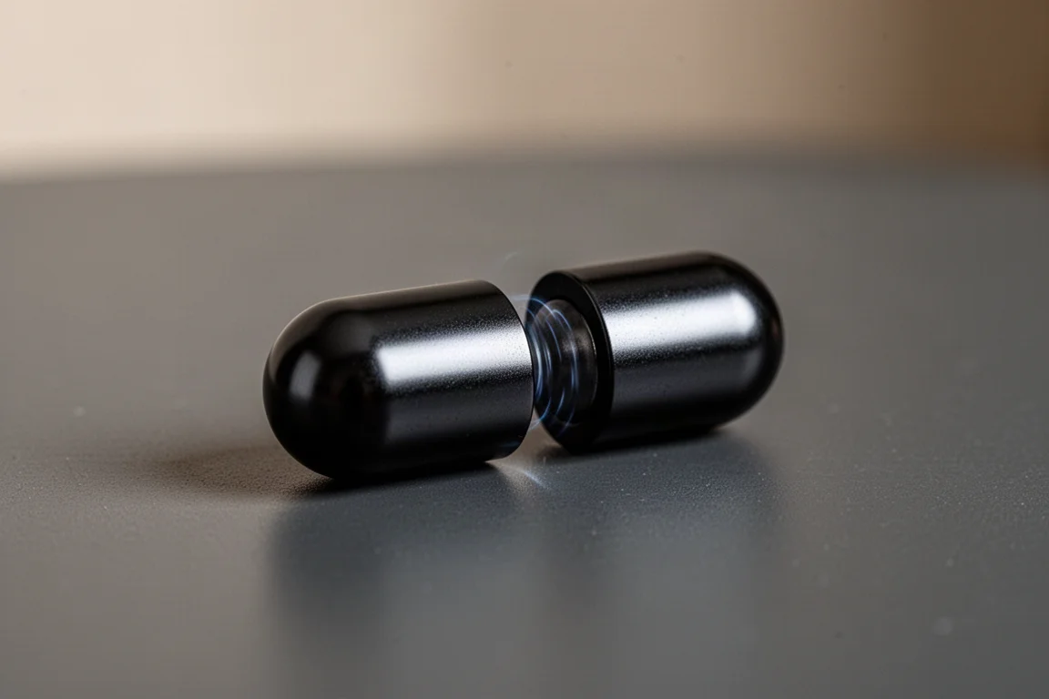 Las dos mitades de un juguete fidget magnético con forma de pastilla metálica sobre un escritorio