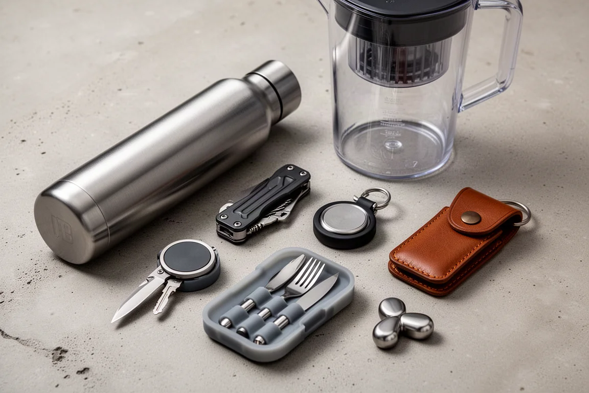 Vista dall'alto di oggetti everyday carey su cemento: borraccia, organizzatori per chiavi, multitool grip, set di posate e fidget