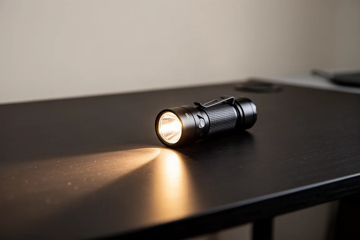 Lanterna pequena projetando um feixe de luz sobre uma mesa escura