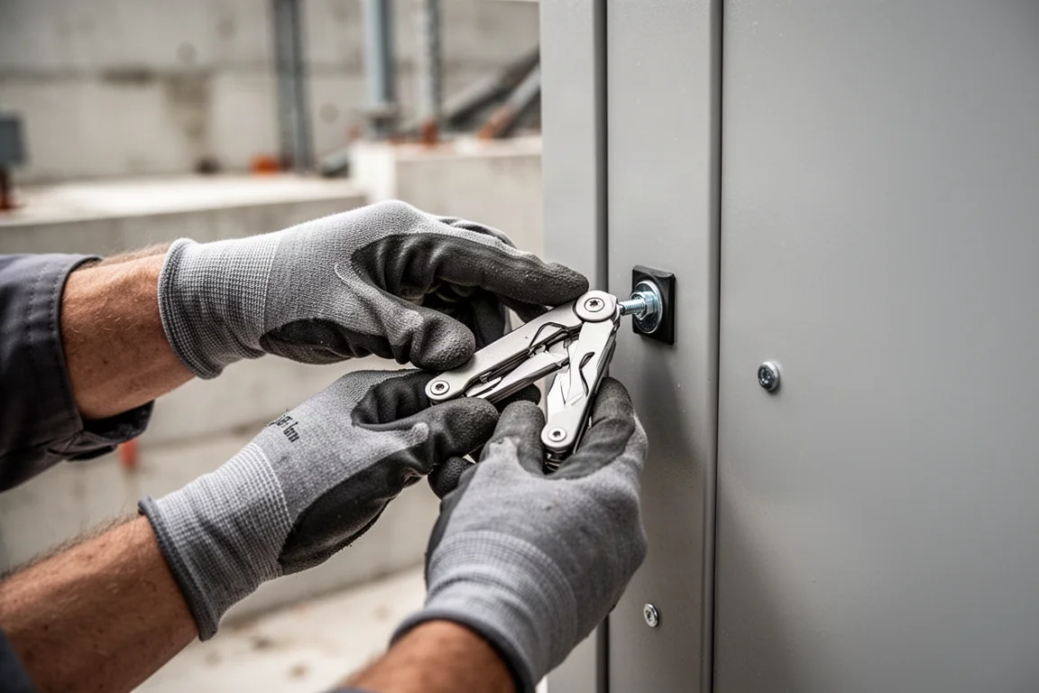 Profissional usando uma ferramenta dobrável compacta em uma obra