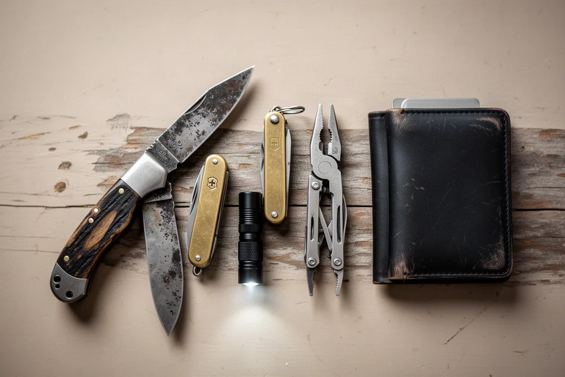 Flat-lay of worn everyday carry knives, flashlight, multitool and wallet on wood