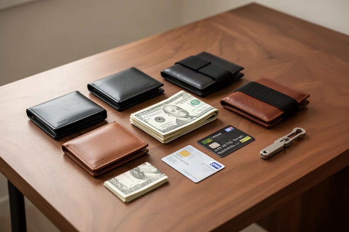 A collection of wallets and everyday carry gear laid out on a wooden desk
