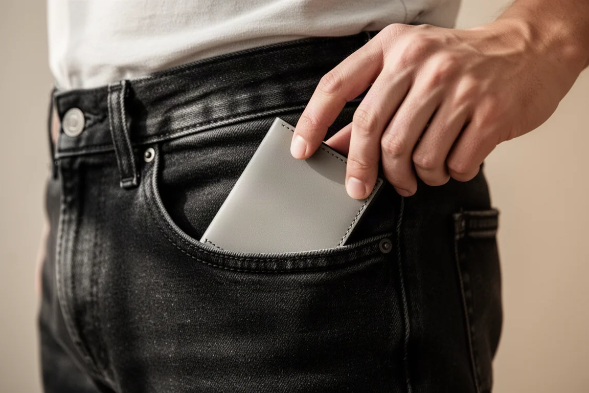 A person sliding a card wallet into a jacket pocket