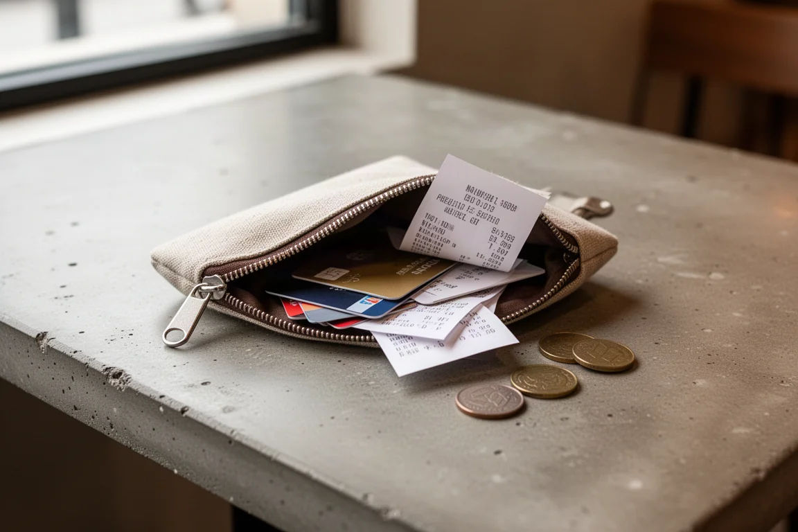 A zippered fabric pouch packed with cards and small items on a table