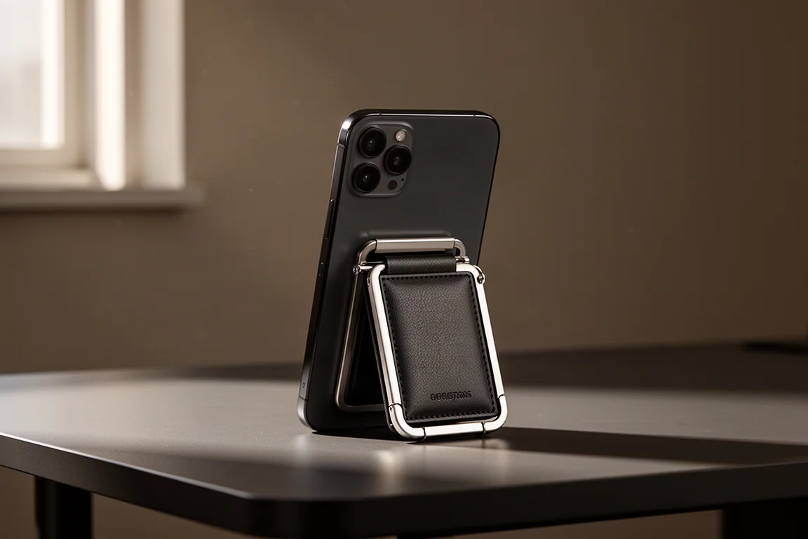 A smartphone with a wallet attached standing upright on a desk