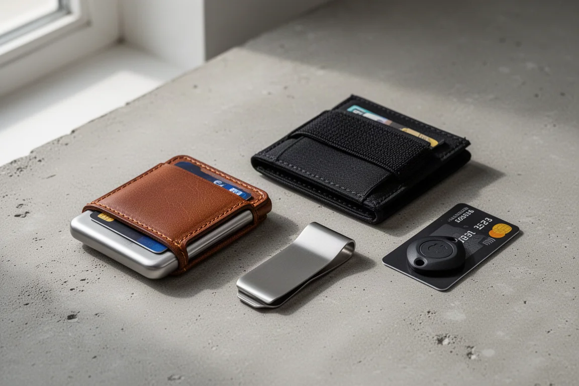 Eine Auswahl von Brieftaschen mit Leder-, Elastik- und Metaldesigns auf einer Betonoberfläche
