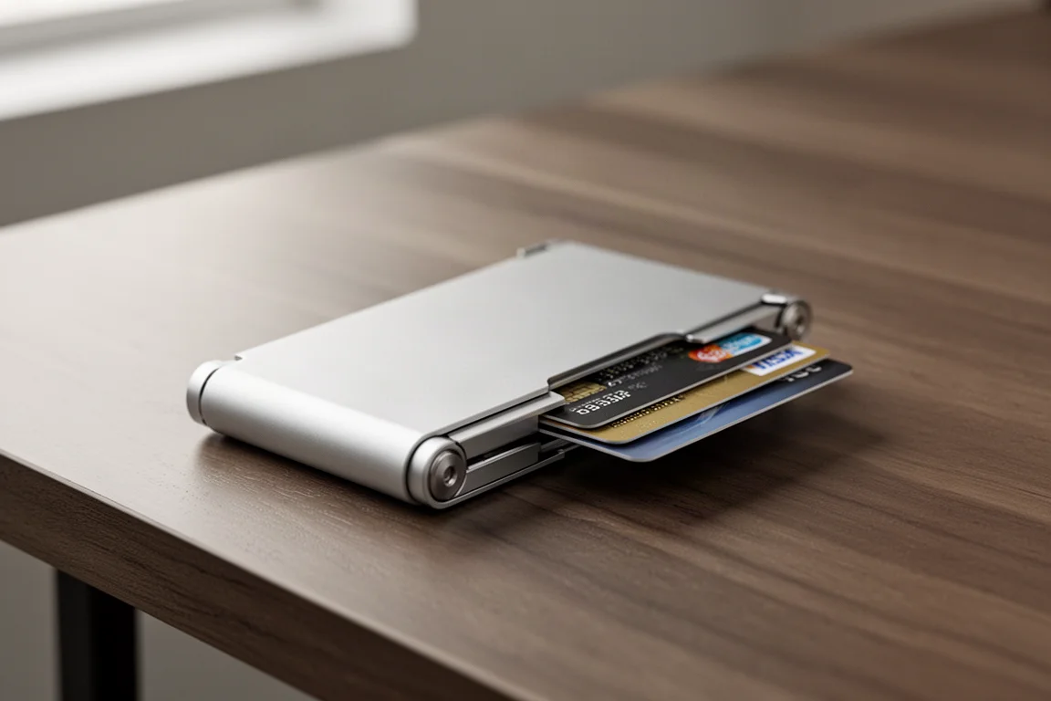 Mani che inseriscono alcune carte in una protezione per carte slim in alluminio