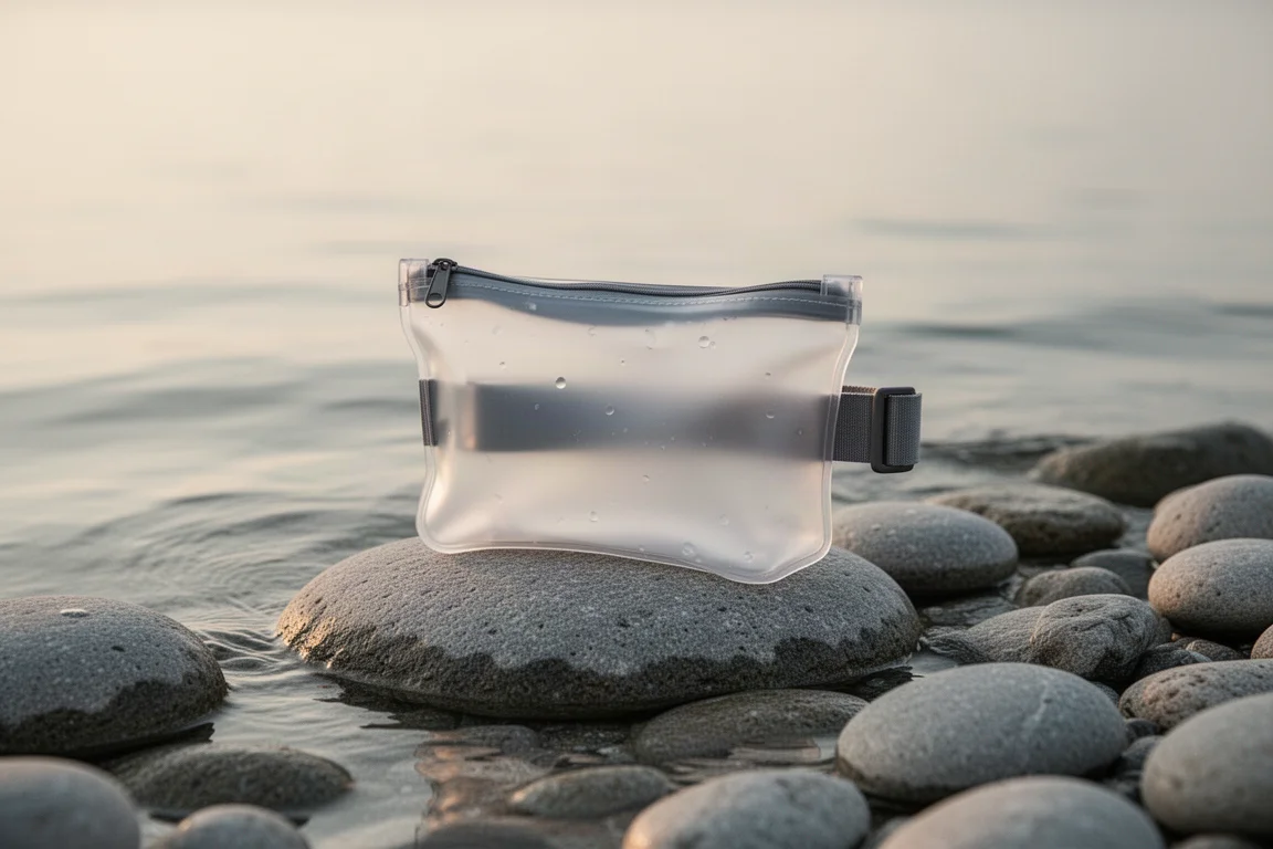 Tasca con zip impermeabile appoggiata su una spiaggia rocciosa al bordo dell'acqua