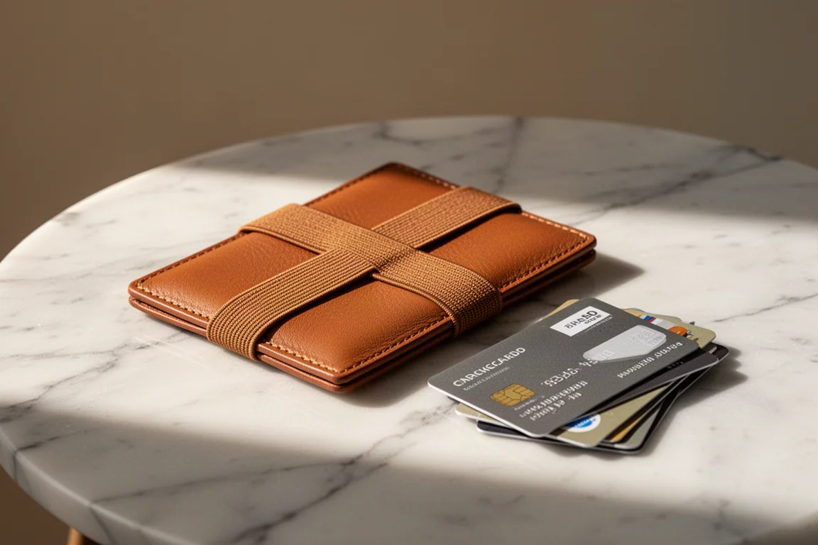 Fodera elastica per carte in pelle marrone caramello su un tavolo di marmo con carte a ventaglio
