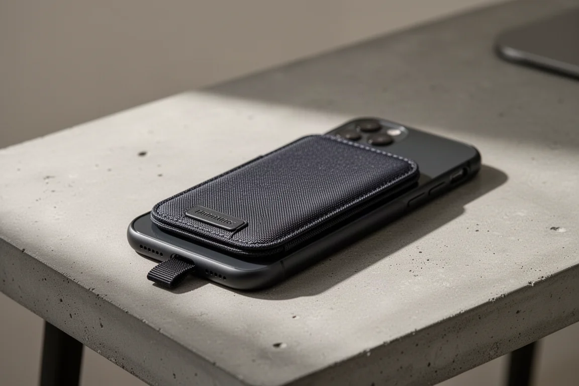 Portafoglio magnetico slim attaccato al retro di uno smartphone su una scrivania