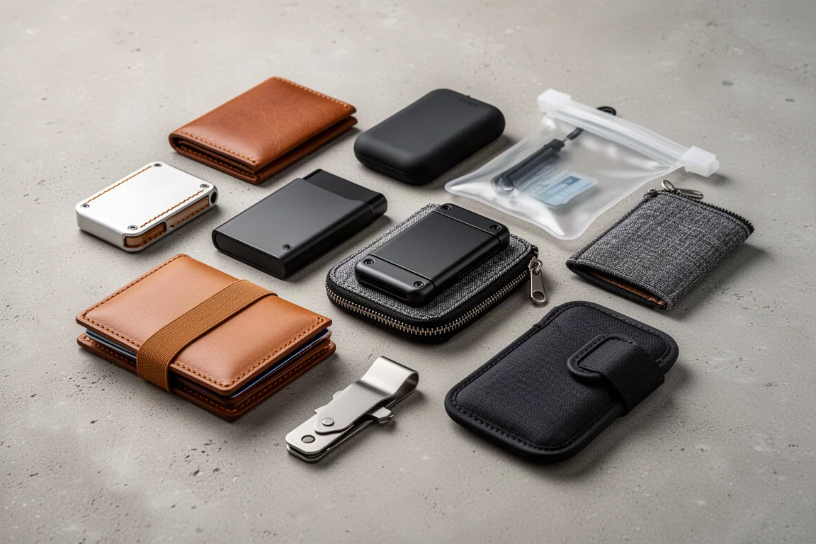 Undici portafogli EDC slim di stili diversi disposti su una superficie di cemento