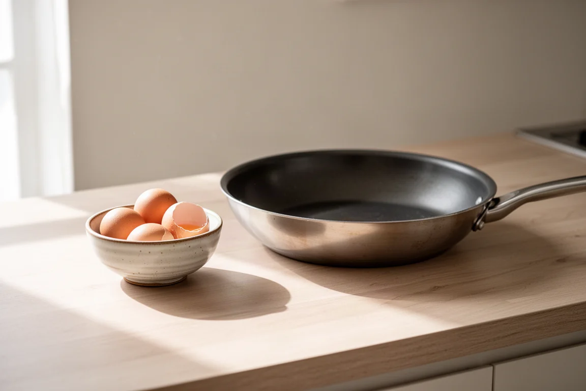 Eggs and a frying pan arranged on a kitchen counter in soft morning light