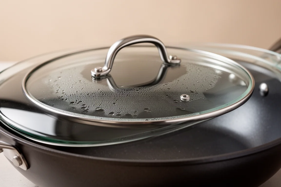 Glass lid resting on a skillet with light condensation on the surface
