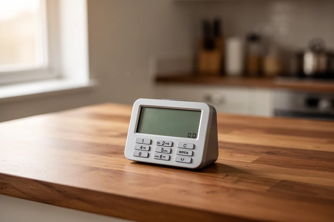 Compact digital timer with keypad sitting on a wooden kitchen counter
