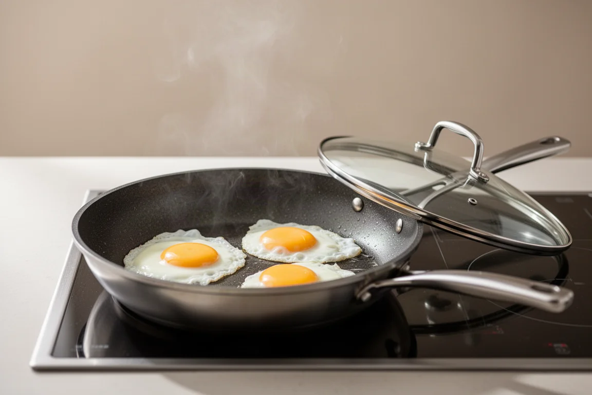 Fried eggs finishing under a glass lid in a skillet on a stovetop