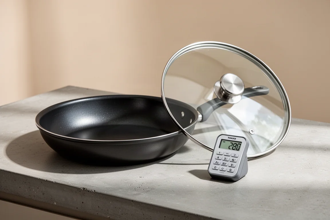 Non-stick frying pan, glass lid, and digital timer arranged on a concrete countertop