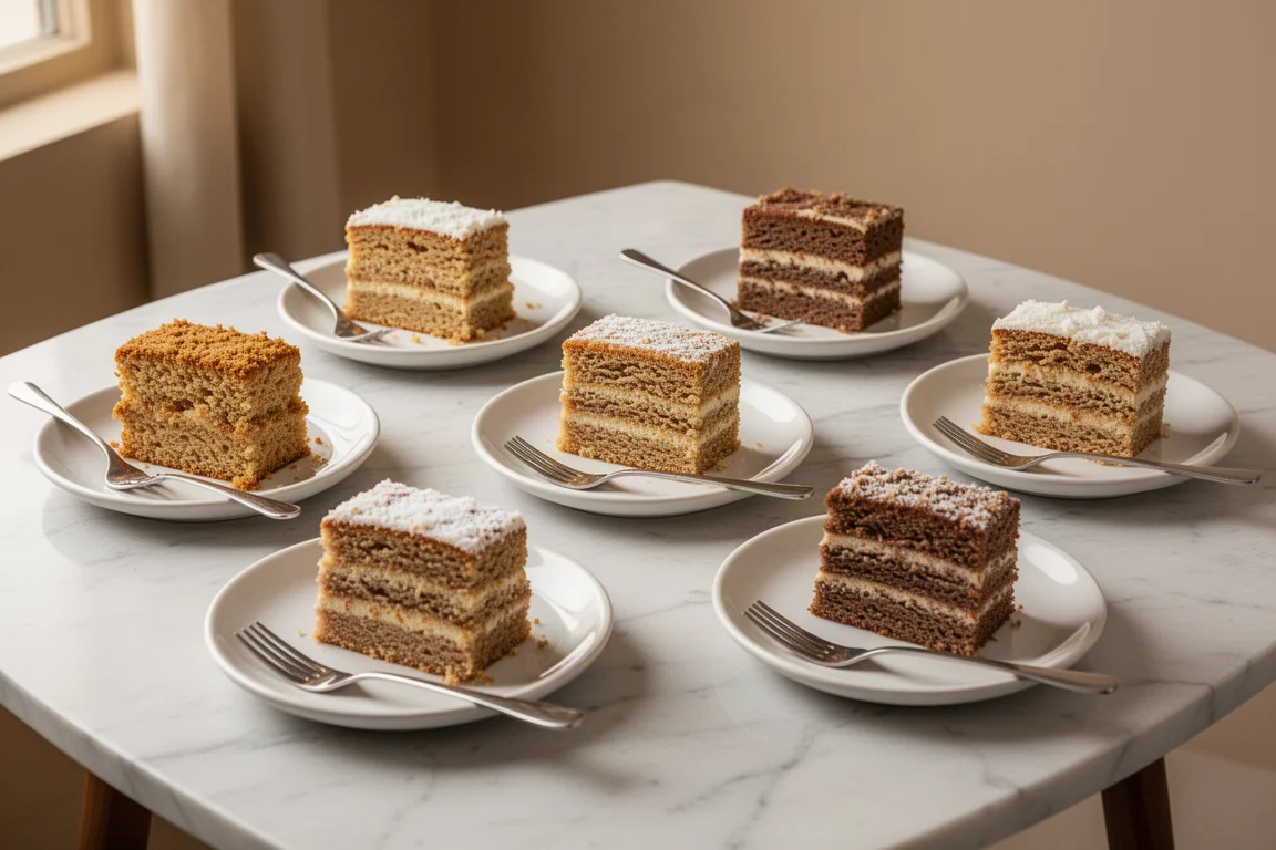 Slices of cake arranged on a tasting table for comparison