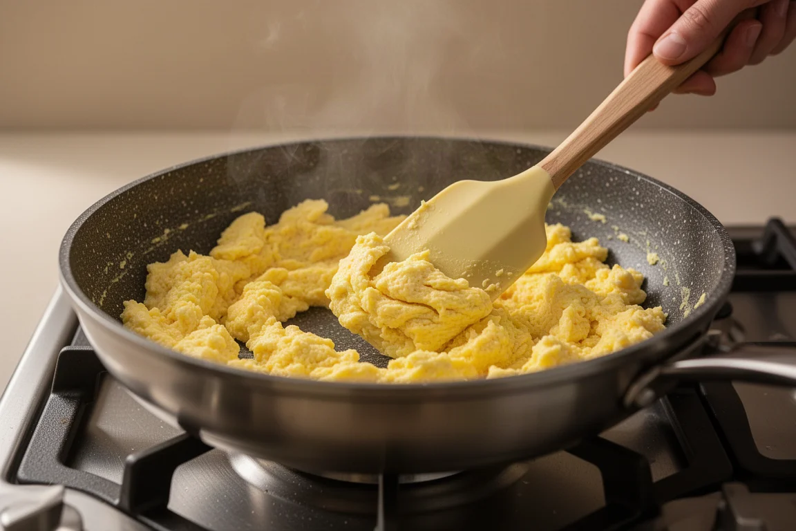 Plant-based scrambled egg mixture cooking in a nonstick pan