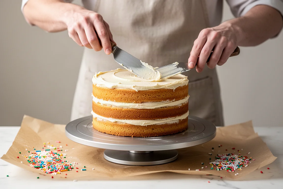 Birthday cake being frosted on a turntable in a home kitchen