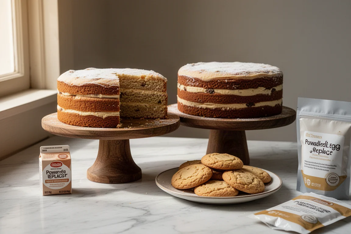 Layered cake and cookies on a marble counter beside egg replacer packaging