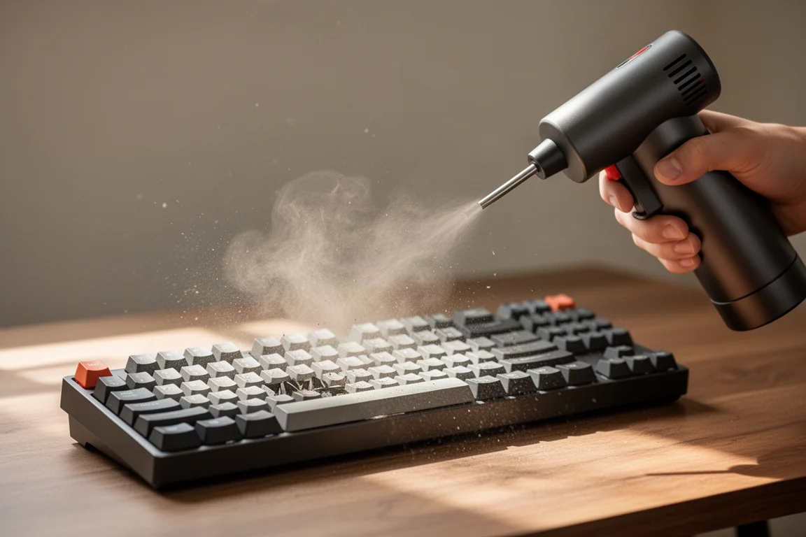 Handhållet luftblås som blåser damm ur ett mekaniskt tangentbord